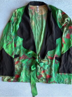 Rat & Boa Green Floral Tie-Front Blouse with Black Trim